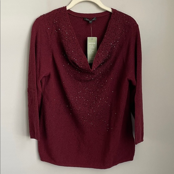 Eileen Fisher Sweaters - New Eileen Fisher Burgundy Merino Wool Draped Neck Glass Beaded Sweater Large
